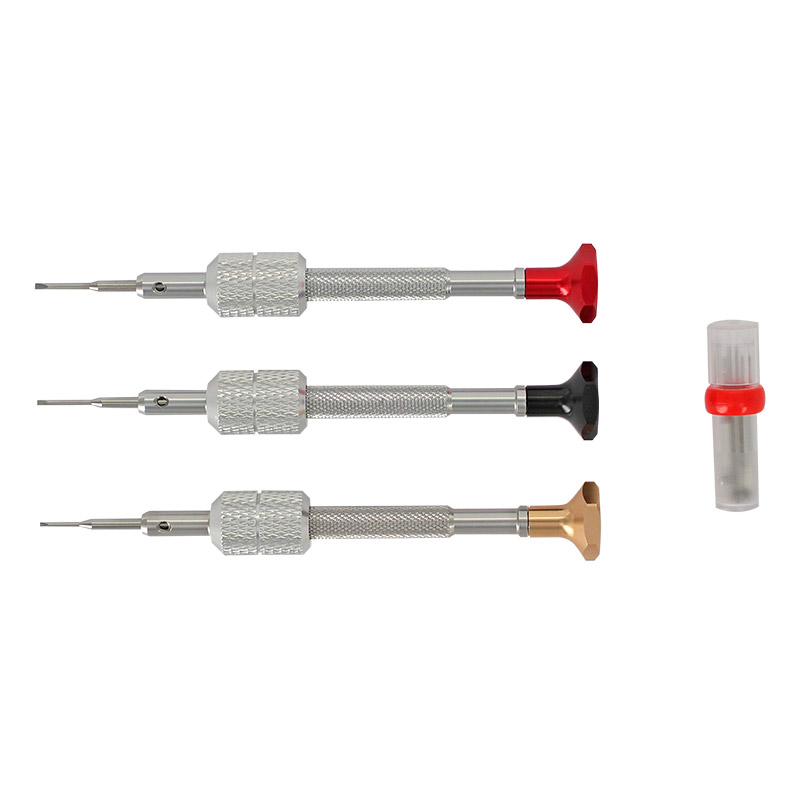 Set of 3 stainless steel dynamometric screwdrivers, with replacement blades 0.80, 1.00 and 1.20 mm